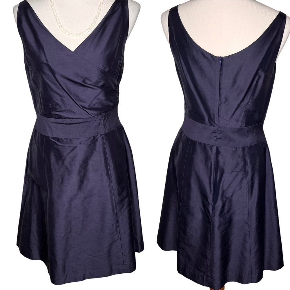 Aria Dark Blue Dupion Silk Sleeveless V Neck A Line Mini Party Dress USA Size M